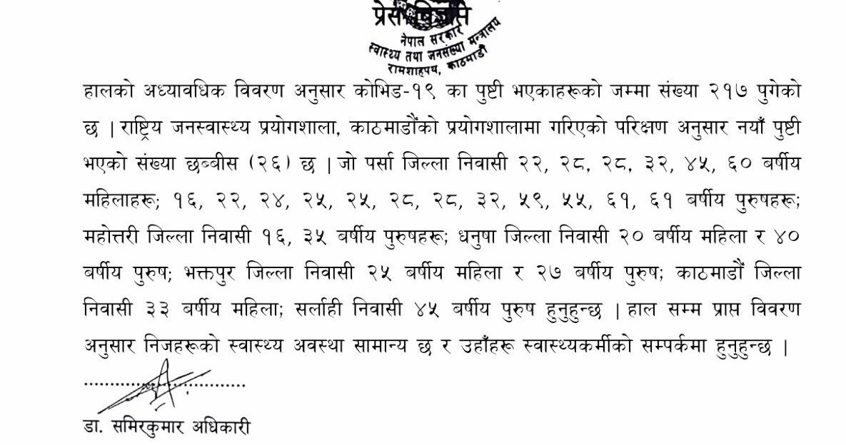 काठमाडौँ र भक्तपुरमा भेटिए कोरोना संक्रमितः  संक्रमितको संख्या २१७ पुग्यो