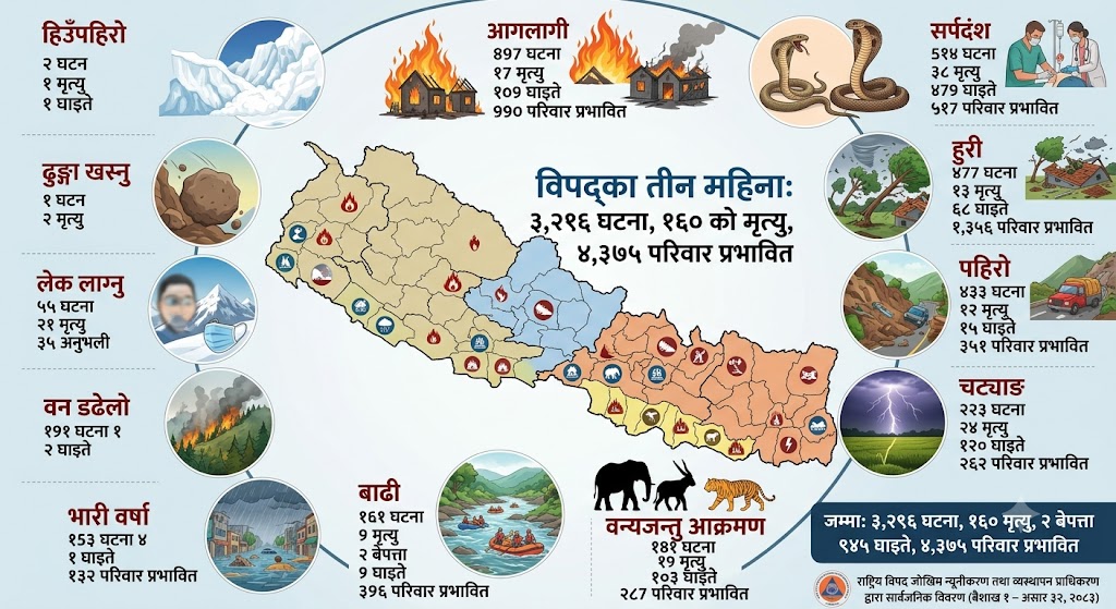 तीन महिनामा विपद्मा परि १६० जनाको मृत्यु