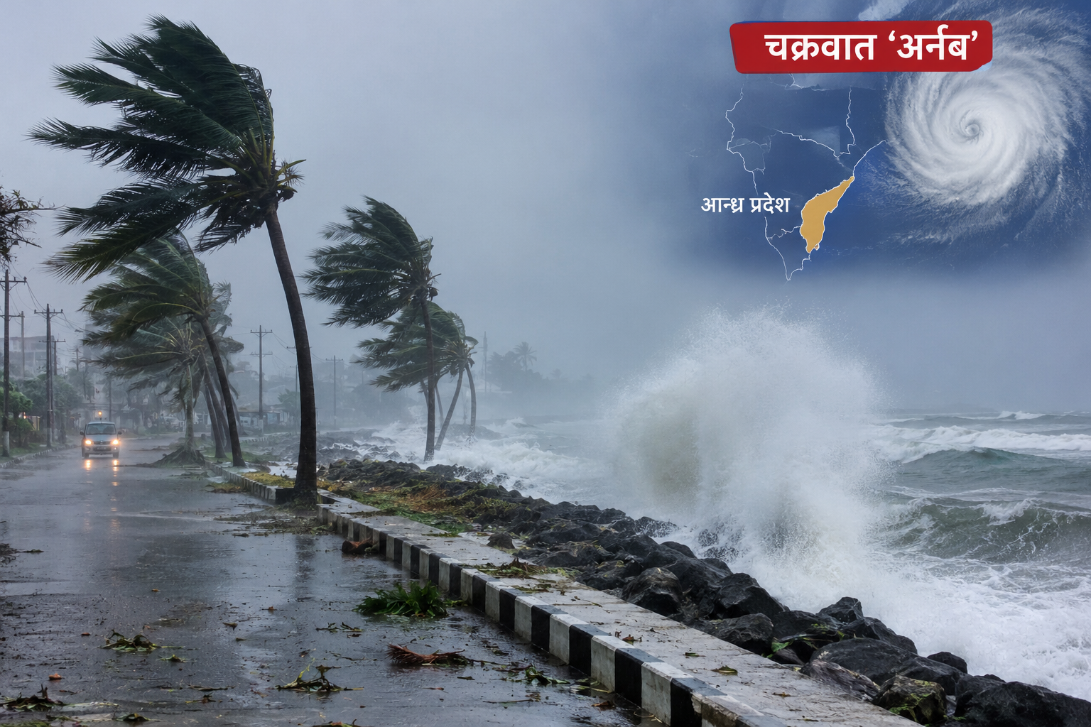 शक्तिशाली चक्रवात 'अर्नब'काे प्रभाव: आन्ध्र प्रदेशमा भारी वर्षा, हावाहुरी र बाढीको चेतावनी