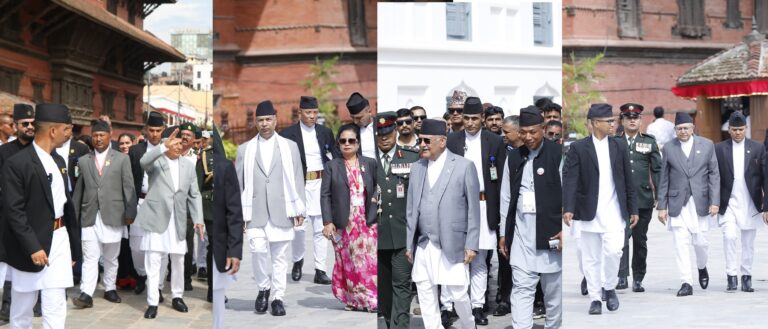 इन्द्रजात्राको अवलोकन गर्न राष्ट्रपतिदेखि प्रधानमन्त्रीसम्म पुगे, ओलीको स्वागतमा बालेन देखिएनन्