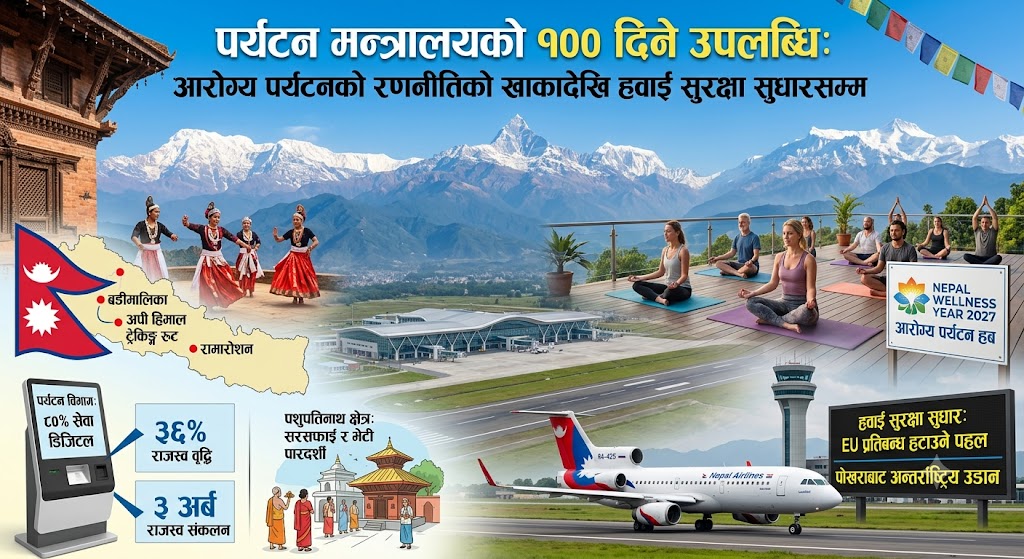 पर्यटन मन्त्रालयको १०० दिने उपलब्धि: आरोग्य पर्यटनको रणनीतिको खाकादेखि हवाई सुरक्षा सुधारसम्म
