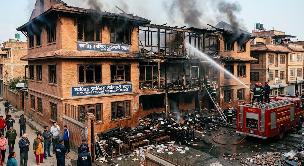 भक्तपुरको ख्वप्रिङ्ग स्कुलमा भीषण आगलागी, ५० लाख बराबरको क्षति