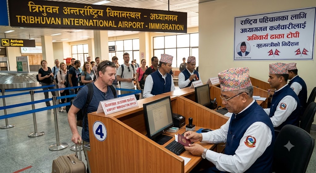 विमानस्थल अध्यागमनका कर्मचारीलाई ढाका टोपी अनिवार्य, राष्ट्रिय पहिचान झल्काउन गृहमन्त्रीको निर्देशन